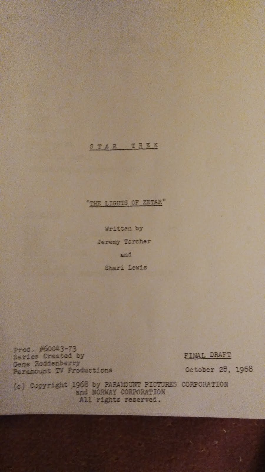 Final draft "The Lights of Zetar" Oct. 28, 1968