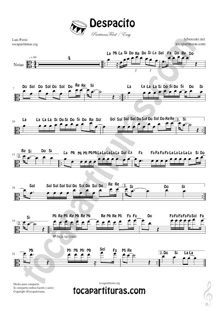 Partitura Fácil con Notas para Viola en Clave de Do de Despacito de Luis Fonsi