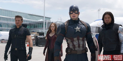 Chris Evans, Sebastian Stan, Elizabeth Olsen and Jeremy Renner in Captain America: Civil War
