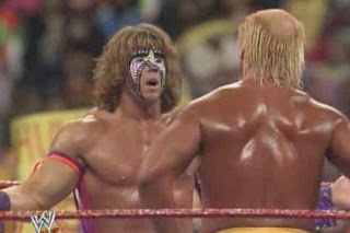 WWF / WWE: WRESTLEMANIA 8 - The Ultimate Warrior embraces Hulk Hogan after coming to his aid against Sid Justice and Papa Shango