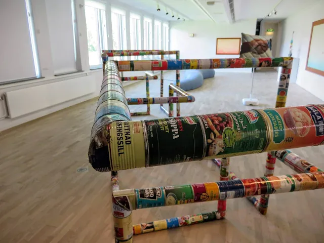 Exhibit made of canned goods inside the Modern Art Museum (Konstmuseum) in Norrköping, Sweden