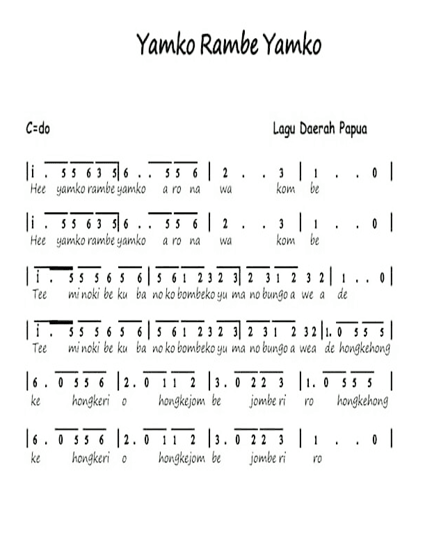 Pada notasi angka lagu yamko rambe yamko menggunakan nada yang digunakan