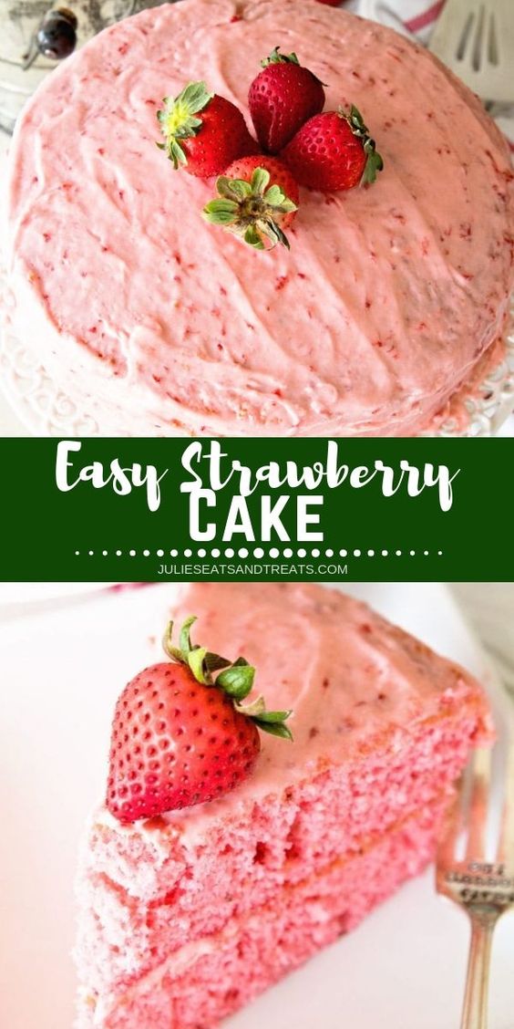 Quick and easy layered strawberry cake that starts with a boxed strawberry mix! Topped with a homemade strawberry frosting for the best strawberry cake! #cake #dessert