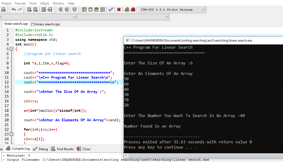 C++ Program For Linear Search