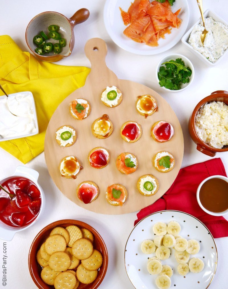 Four Delicious Party Appetizers To Make In Minutes - recipes for quick and easy cracker toppings to serve at your next party! by BirdsParty @BirdsParty