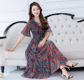 2017 Best Deal Half Trumpet Sleeve Red/Green Floral Chiffon Past Knee Length Dress