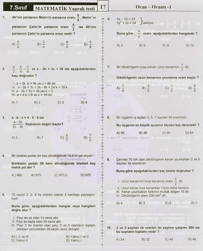 7. sınıf matematik Oran-Orantı konusu soruları online testi çöz - https
