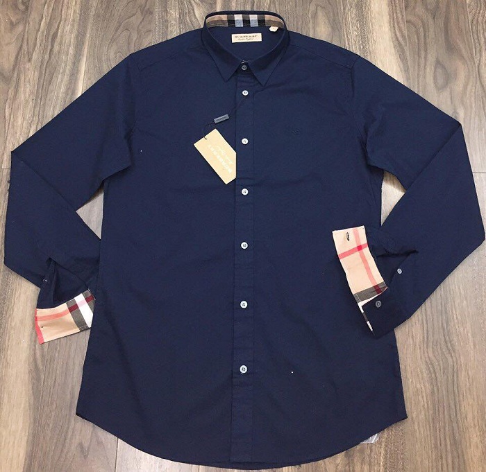 Áo sơ mi nam xanh navy tím than trơn Burberry ngắn tay kẻ sọc caro cổ
