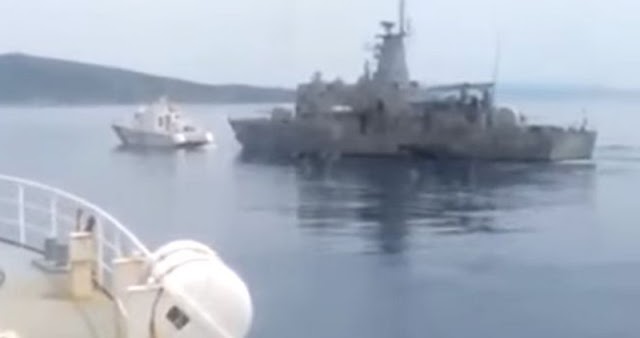 Η Κανονιοφόρος Κραταιός απομακρύνει πλοίο του τουρκικού λιμενικού - Οινούσσες 29/04/2016 (vid)