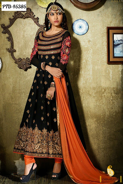 Black color georgette anarkali salwar suit online shoping for diwali and karva chauth festival with free shipping chrages and COD in India