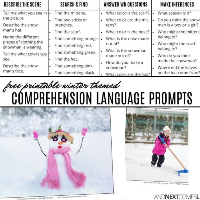 Free printable comprehension & WH questions language prompts for kids with hyperlexia or autism
