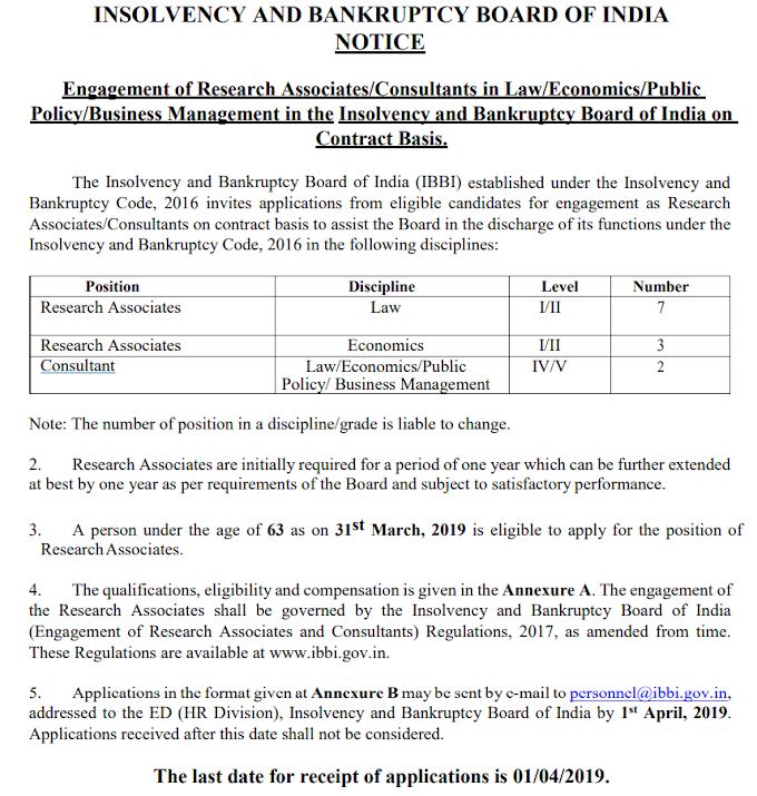07 posts Research Associates (Law) and 02 posts of Consultant (Law) at e Insolvency and Bankruptcy Board of India (IBBI) - last date 01/04/2019