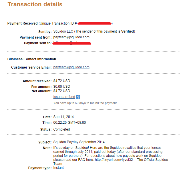 Last Payout From Squidoo - PayPal Screenshot