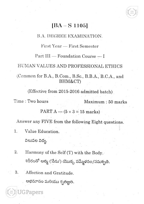 Au Degree 1st Sem Human Values & Professional Ethics (2019) Question Paper