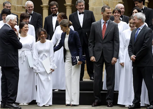 King Felipe and Queen Letizia attend the inauguration of the exhibition 'Peace Treaty' at the San Telmo Museum in San Sebastian, hugo boss, clutch, dress, magrit shoes