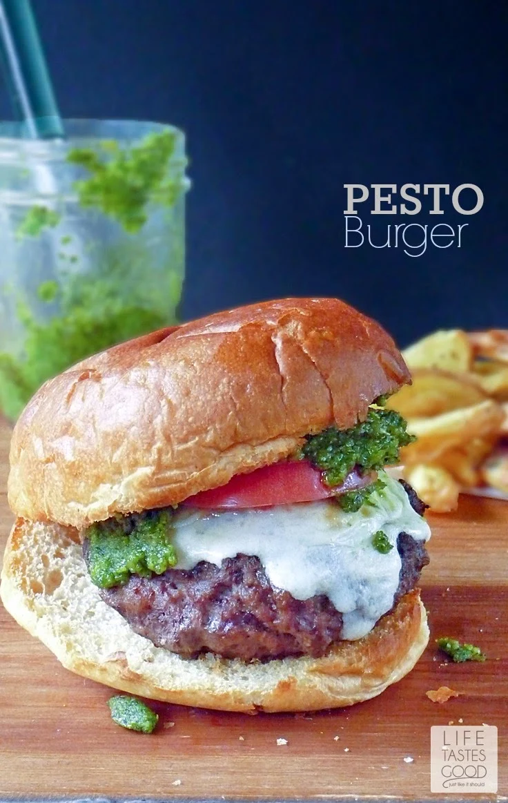 Pesto Burger Recipe | by Life Tastes Good is bursting with the classic flavor combination of basil, tomatoes, and mozzarella cheese all atop a juicy grilled burger. #Italian #Cheeseburger