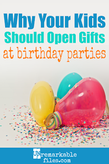 Parents who skip gift-opening at their kids' birthday parties have their reasons. But even though it's easier, it's missing a golden opportunity to teach kids about gratitude. When planning a birthday party for kids, leave time to open presents! #birthdayparty #kidsparty #gratitude #presents #parenting