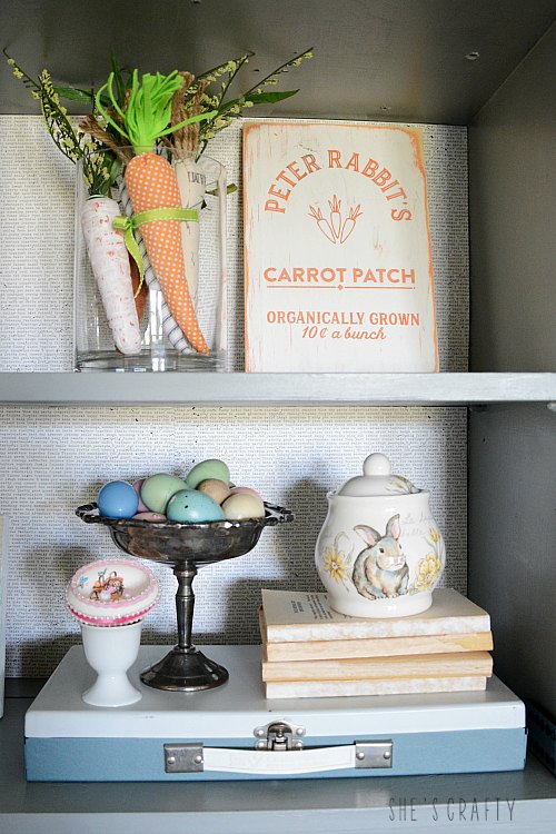Spring Home Tour - farmhouse, Easter and vintage style- Easter vignette- wooden sign, carrots