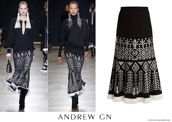 Queen Rania wore Andrew gn Aztec-embroidered wool-blend midi skirt