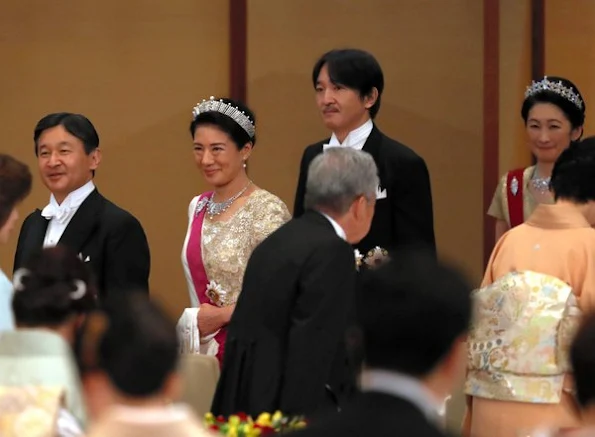 Crown Prince Naruhito and Crown Princess Masako, Japan's Prince Akishino and Princess Akishino, Princess Mako and Princess Kako of Akishino attended the Banquet Dinner at the Imperial Palace.