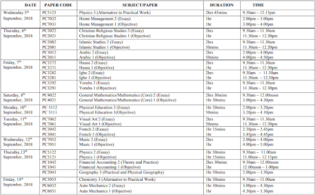 WAEC 2018 GCE TIMETABLE - 2ND SERIES - 2 of 4