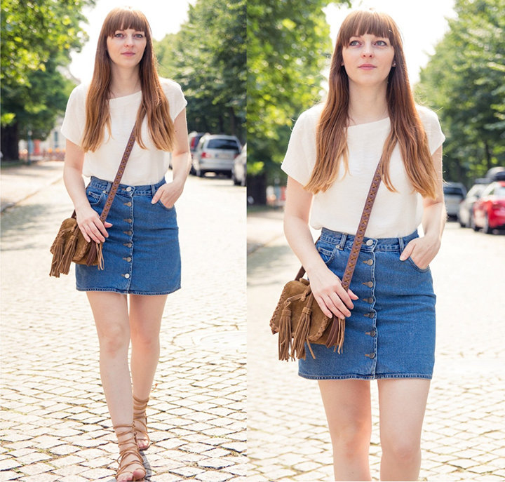 saia jeans branca com botoes na frente