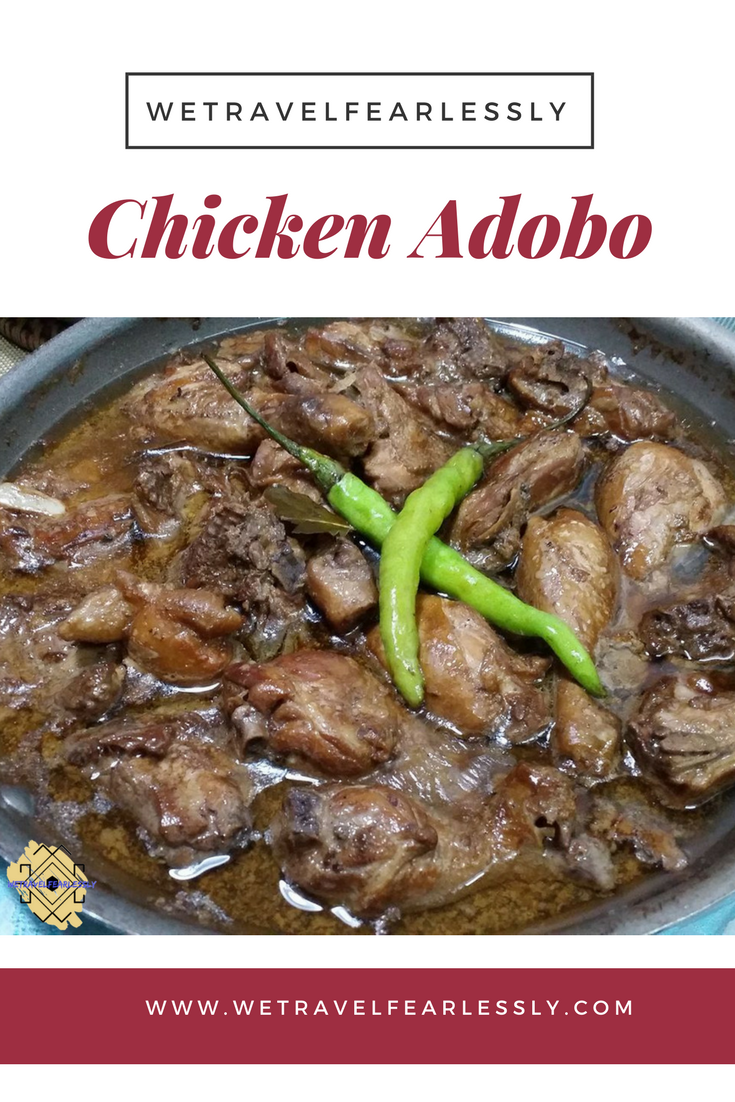 Chicken Adobo Recipe by WTF - Adobo or Adobar (a term in Spanish meaning marinate or prickly sauce) is a popular dish and cooking process in Filipino cuisine that involves meat and seafood marinated in vinegar, soy sauce, garlic, and black peppercorns, which is browned in oil, and simmered in the marinade. It has sometimes been considered as the unofficial national dish in the Philippines.