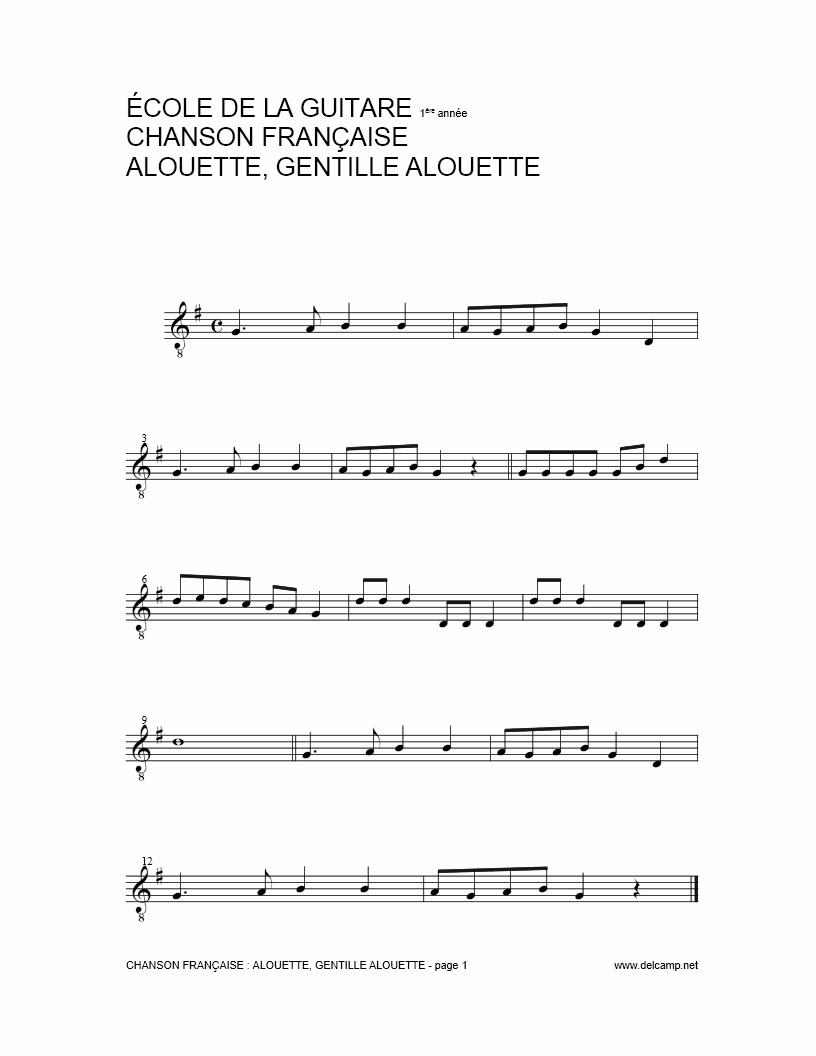 Canción Francesa Alouette, Gentille Alouette Partituras para Guitarra