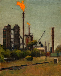Oil painting of an oil refinery with a distinctive orange flame burning at the top of one tower, with a train line in the foreground.