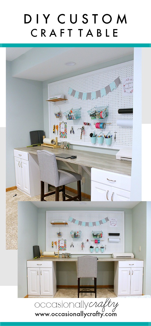 Make your own custom craft table from stock cabinets, plywood, and peel & stick vinyl tiles!