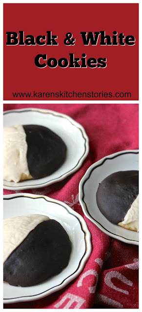 Black and White Cookies consist of a four inch diameter cake-like vanilla cookie thinly glazed with vanilla and chocolate icing.