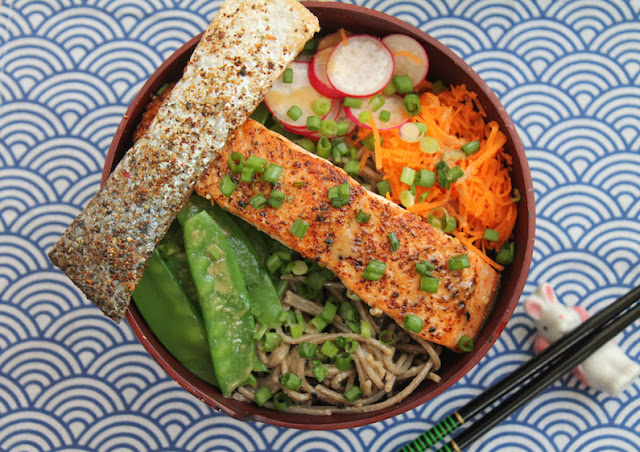 Food Lust People Love: Salmon Soba Noodle Buddha Bowls with Ginger Sesame Dressing are light, delicious and filling. Perfect for a summer dinner or packed lunch.