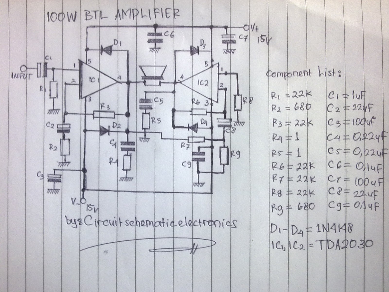 100W BTL TDA2030 amplifier circuit - Electronic Circuit