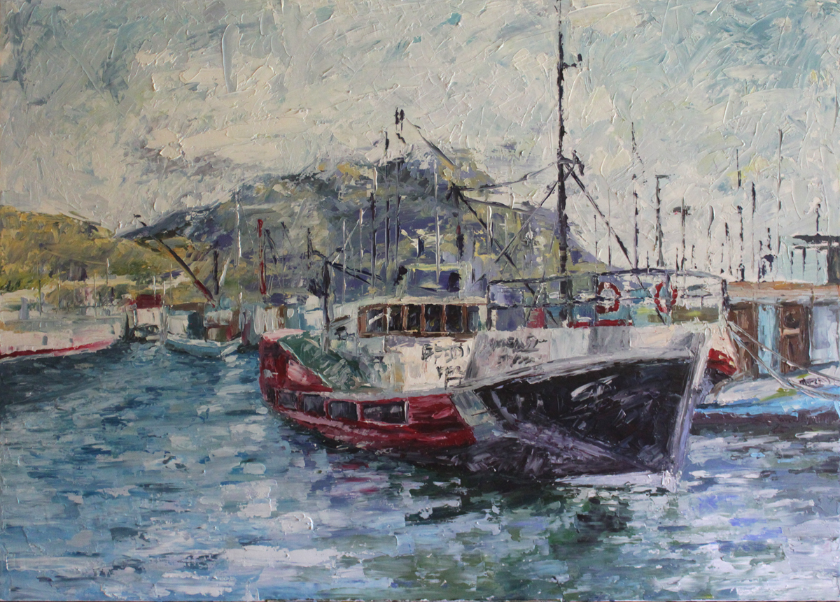 A painting of Hout Bay Harbour, Cape Town