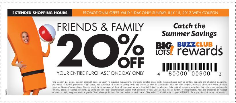 Big Lots Coupon: 20% off Your In-store Purchase. Valid Today Only