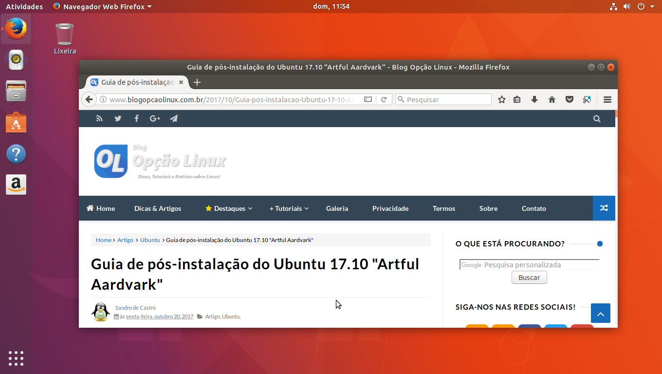 Área de trabalho do Ubuntu 17.10 "Artful Aardvark", com desktop GNOME Shell 3.26