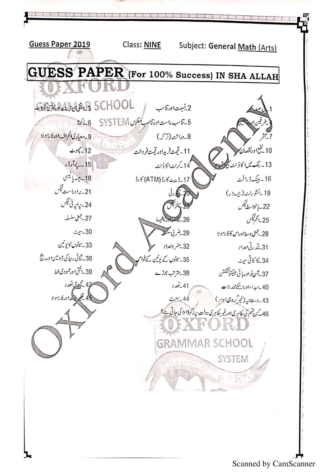 9th Class Mathematics Guess Paper Sadaqat Academy