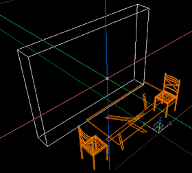 il modello 3d: un tavolo, 2 sedie ed un parallelepipedo per simulare l'ingombro della libreria
