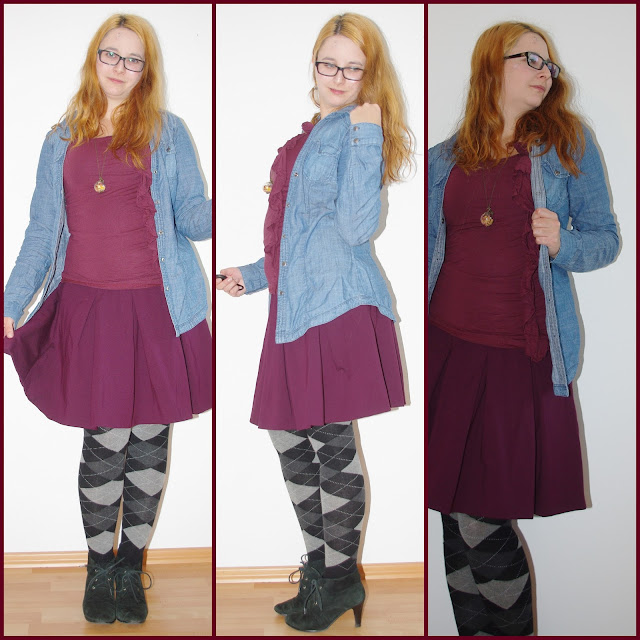 [Fashion] Bordeaux loves Autumn: Weinroter Rock, Jeansbluse & karierte Strumpfhose // Winered Skirt, jeans jacket & checked tights