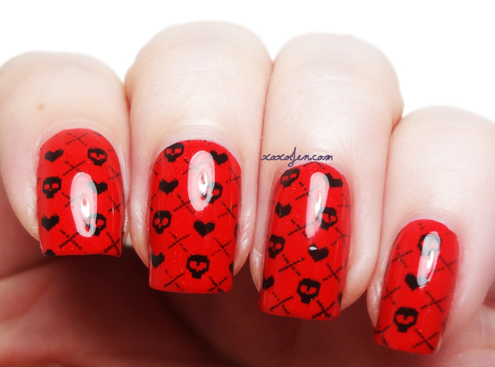 xoxoJen's swatch of b.i.t.c.h. by jaclyn De-Flowered with stamping nail art