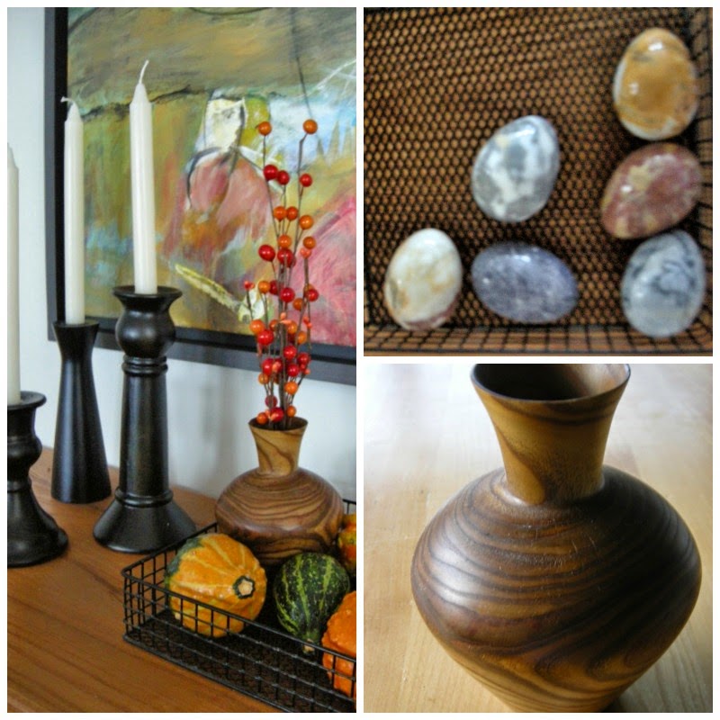 wooden vase, black candle holders, fall decorating