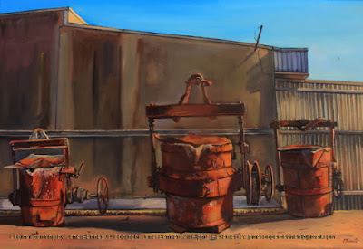 plein air oil painting of ladles at abandoned foundry "William Wallbank & Sons" in Auburn by industrial heritage artist Jane Bennett