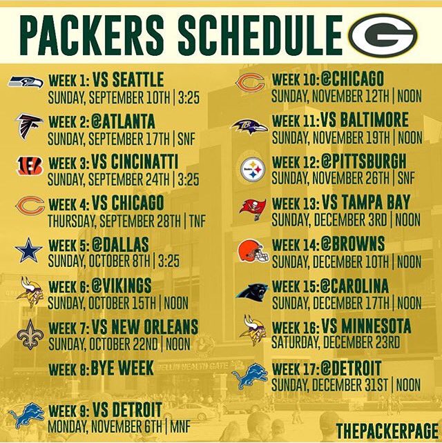 Green Bay Packer Printable Schedule