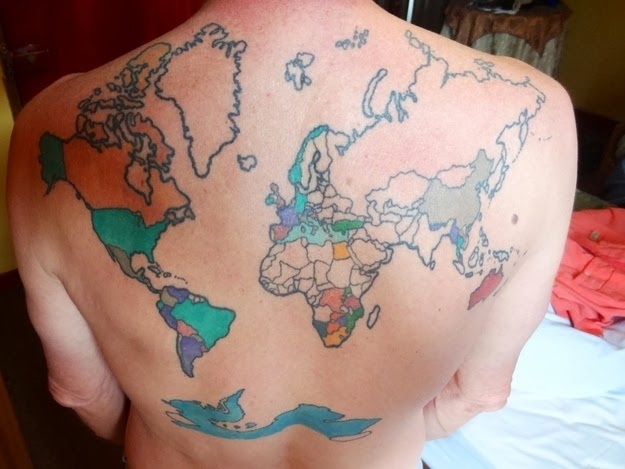 And now, every time he visits a new country, he gets it coloured in. - This Man Has Been Colouring In The Countries He Has Visited On His Back