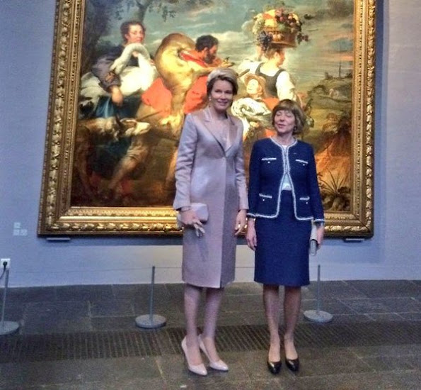 Queen Mathilde of Belgium and Daniela Schadt, partner of German President meet students of the Antwerp Fashion Academy during a visit to the MoMu fashion museum