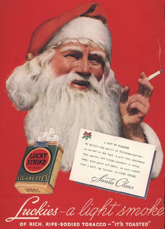 Propaganda com Papai Noel fumante da Lucky Strike, anos 40.