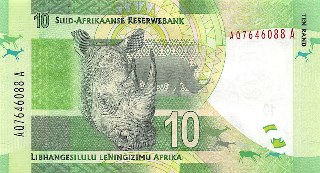 South Africa Currency 10 Rand banknote 2012 White Rhino - The Famous Big Five animals of Africa