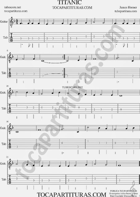 Titanic Tablatura y partitura del punteo de guitarra para tocar la melodía de Titanic (Tabs Guitar Sheet Music)
