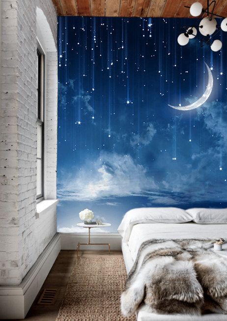 Sypialnia, ściana, wall, amazing, photo, Moon, Sky, Wallpaper, Mysterious, Mural, Art, Sky, Painting Effect, Navy, Nature, bedroom,inspration, scandinavian, 