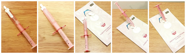 Left to right: When you press the small pink button on top, milky ampoule is released into the main syringe section. Once shaken, the ampoules mix together. Remove the syringe's white cap to reveal the tip of the injector. Place the tip of the injector into the open cap on the sheet mask. Push the serum into the mask pouch. Be careful when injecting the ampoule, do it slowly to avoid the ampoule from oozing out. Once all the ampoule has been injected into the mask pouch, close the white cap and massage the mask a bit to spread the ampoule. 